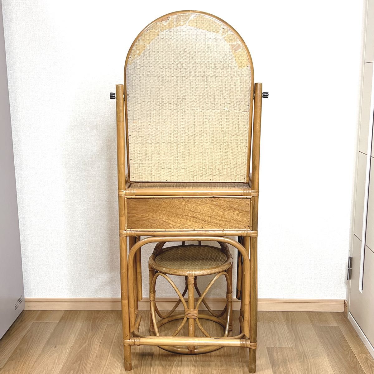 良品】 ラタン ドレッサー 鏡台 スツール付き 籐家具 古家具 椅子