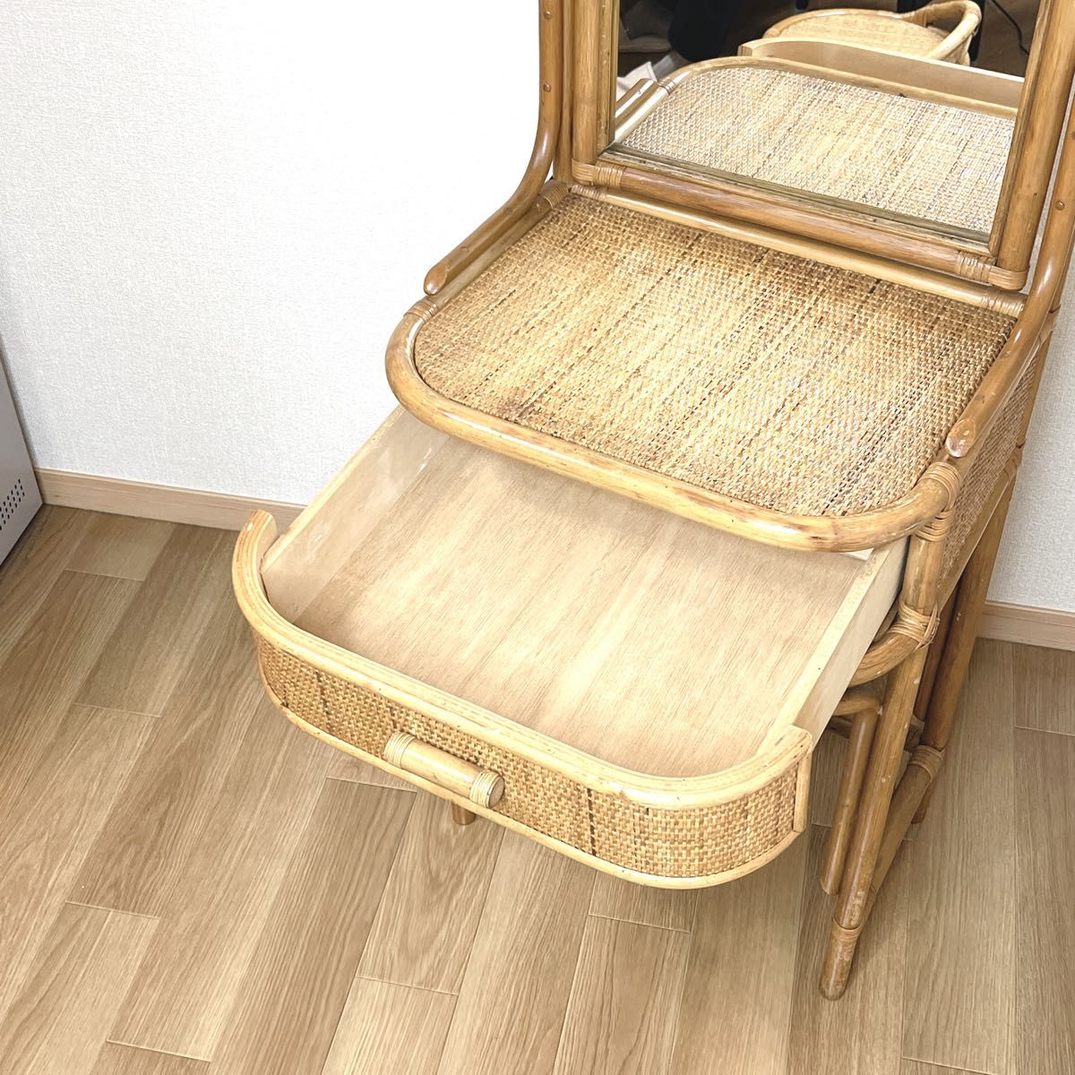 良品】 ラタン ドレッサー 鏡台 スツール付き 籐家具 古家具 椅子