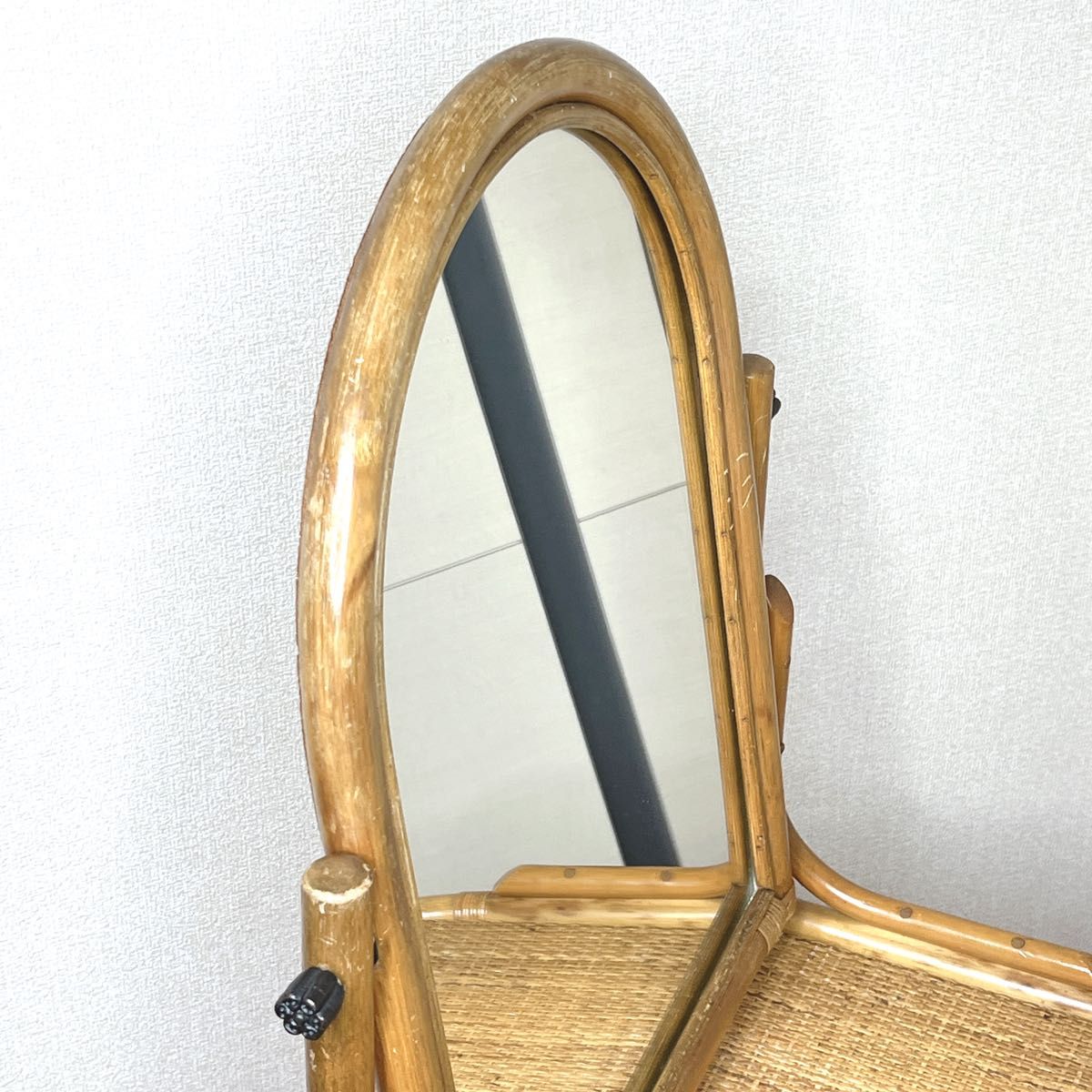 良品】 ラタン ドレッサー 鏡台 スツール付き 籐家具 古家具 椅子