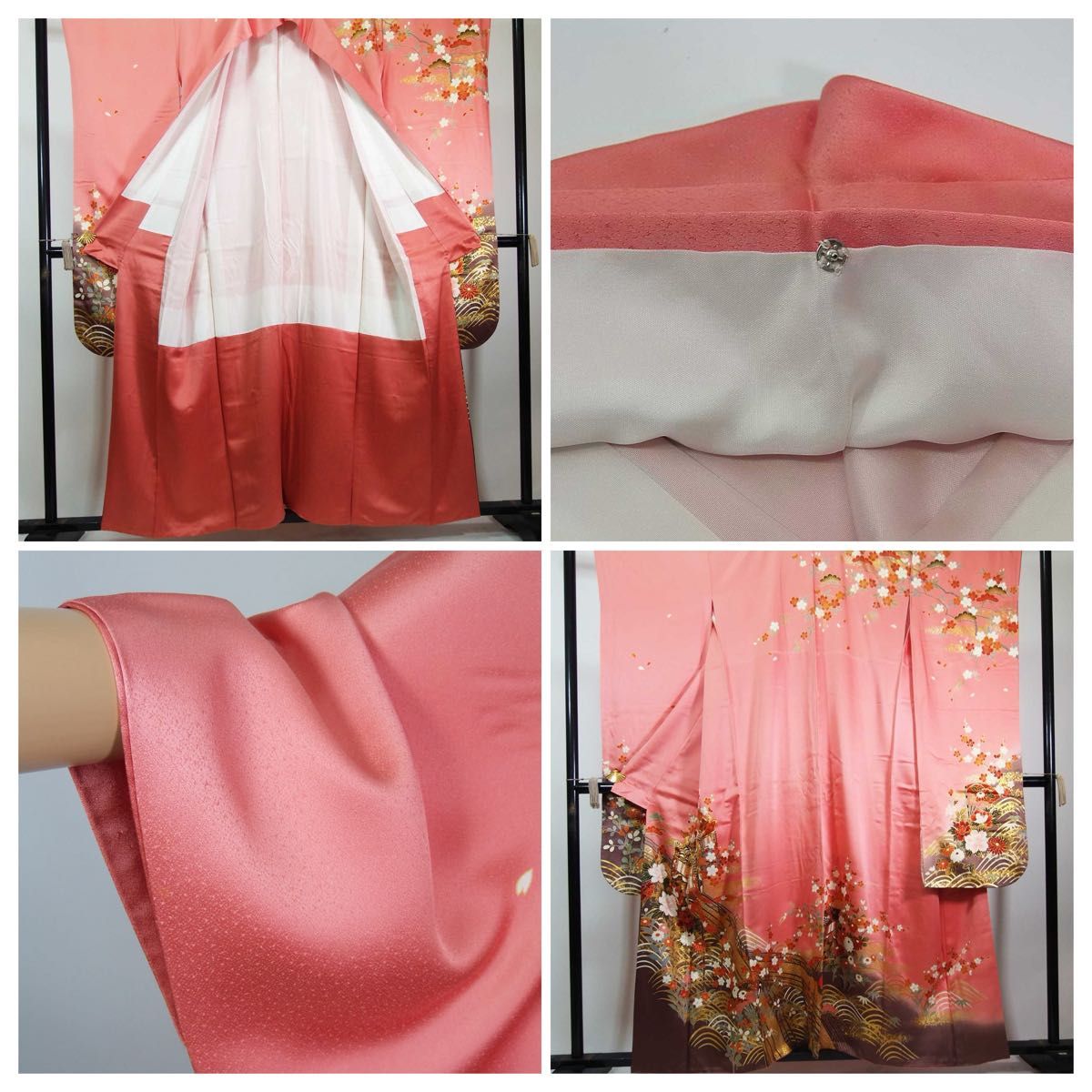 振袖 正絹 御所解文様／金駒刺繍入り ピンク×茶系 古典柄 成人式・結婚