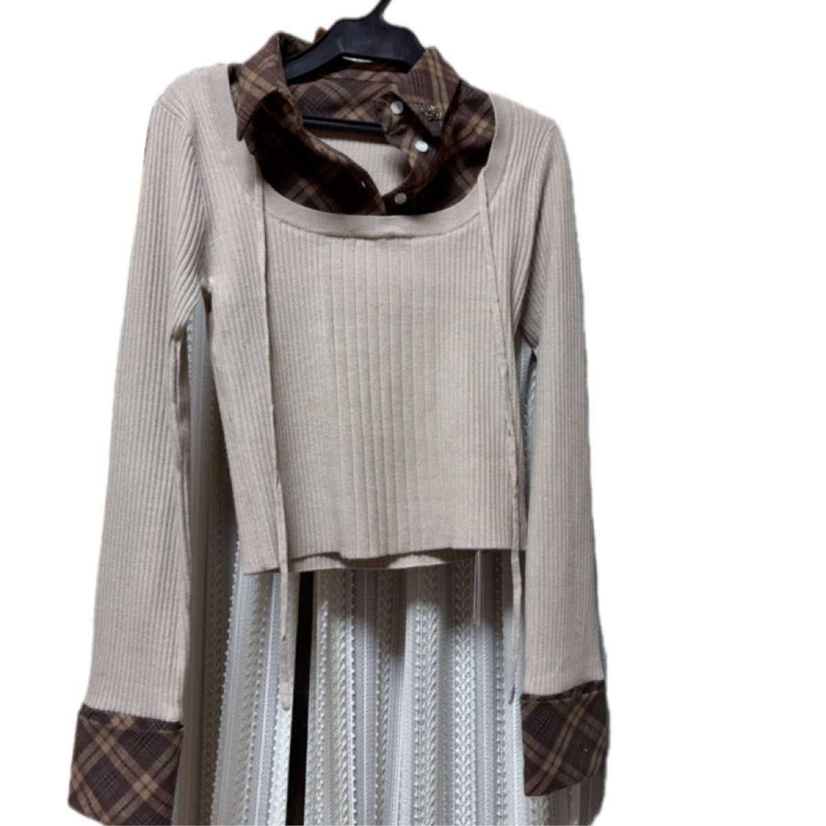 ミシェルマカロン チェックシャツレイヤード風セットアップ モカ