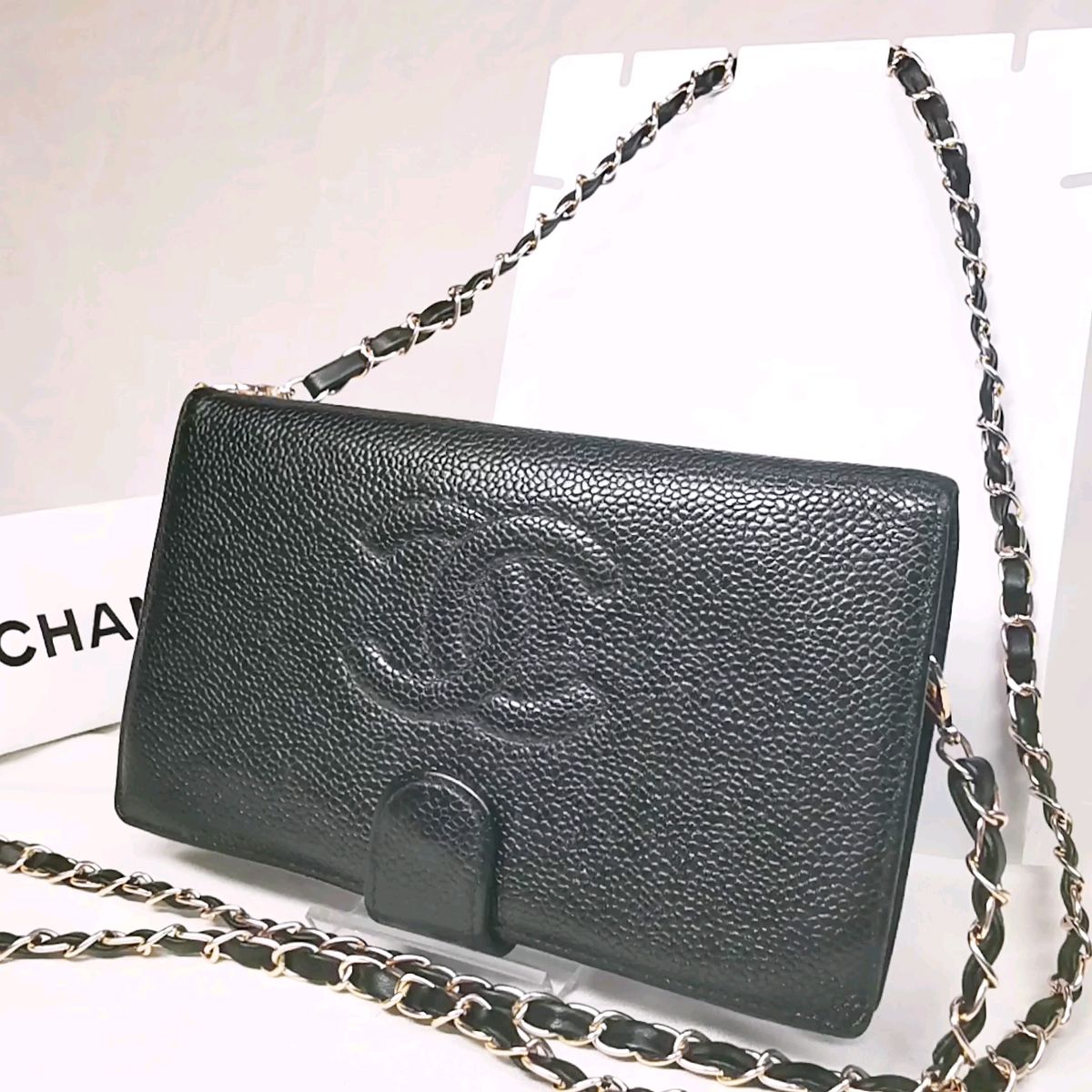 美品】CHANELシャネル キャビアスキン ココマーク 長財布 黒 鑑定済