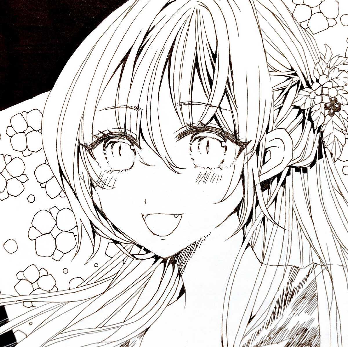 Yahoo!オークション - 手描きイラスト オリジナル モノクロ 色紙 ペン