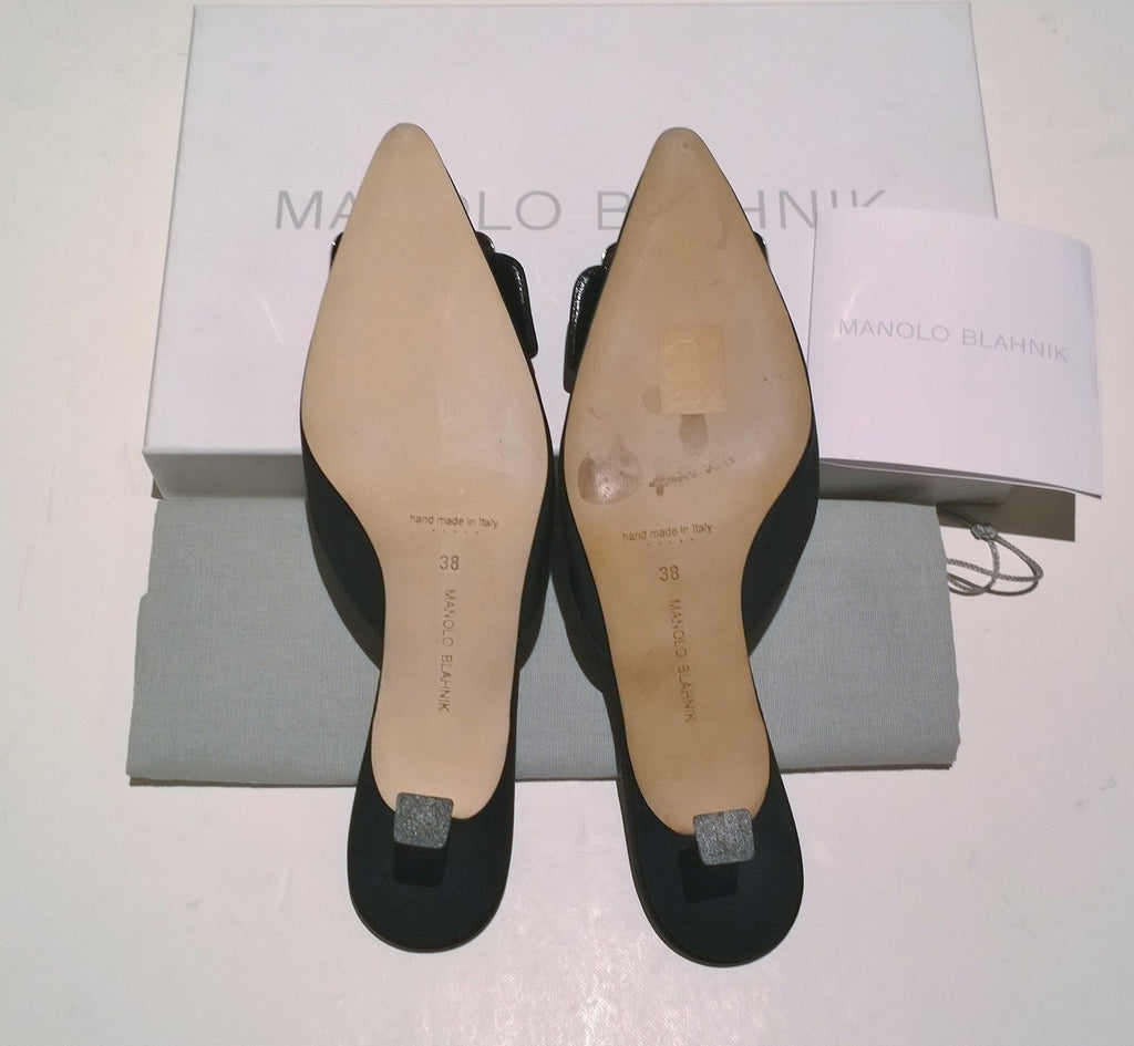 Manolo Blahnik Maysale Black Crepe de Chine Mops Mother of Pearl