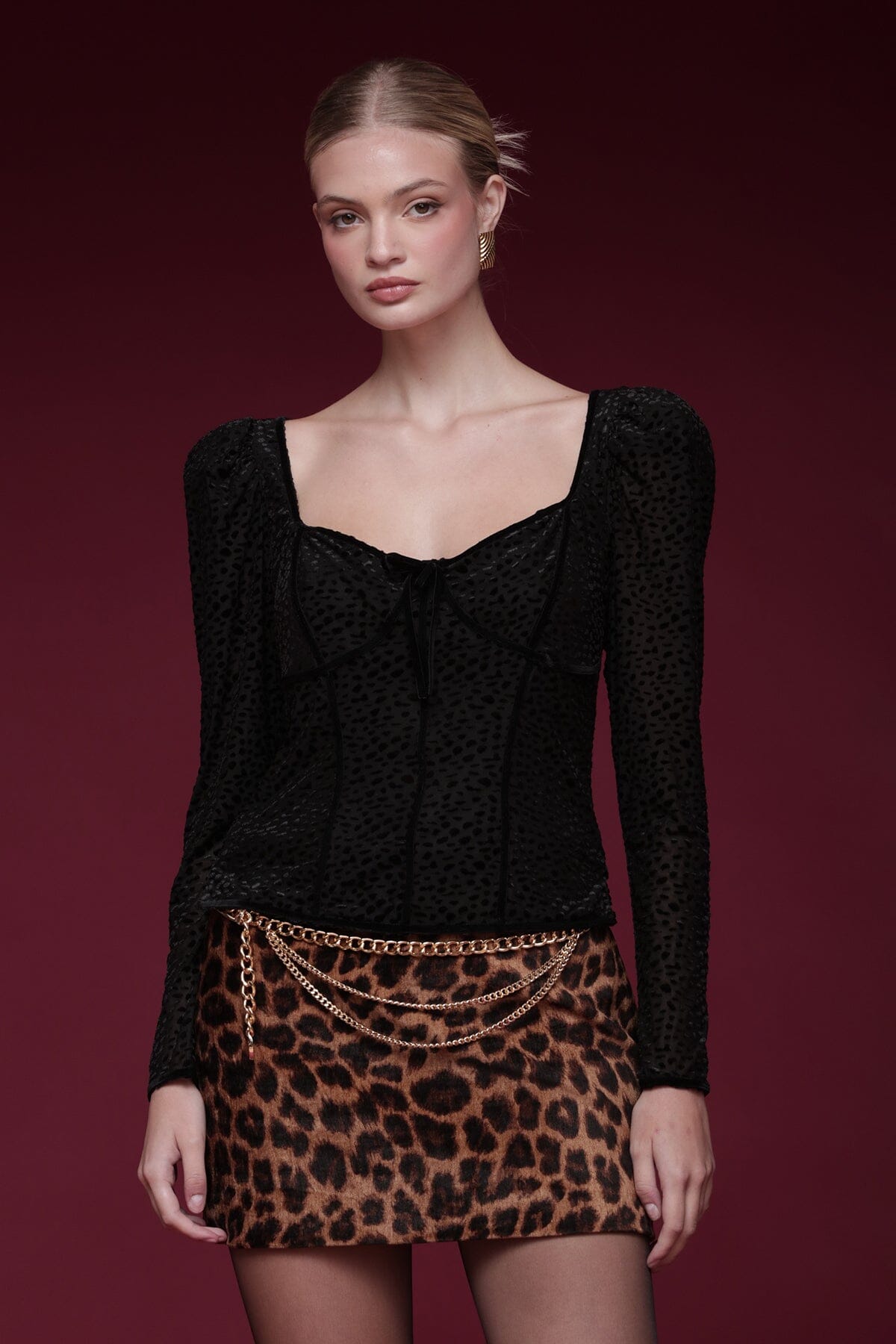 Long Sleeve Textured Black Velvet Sweetheart Top