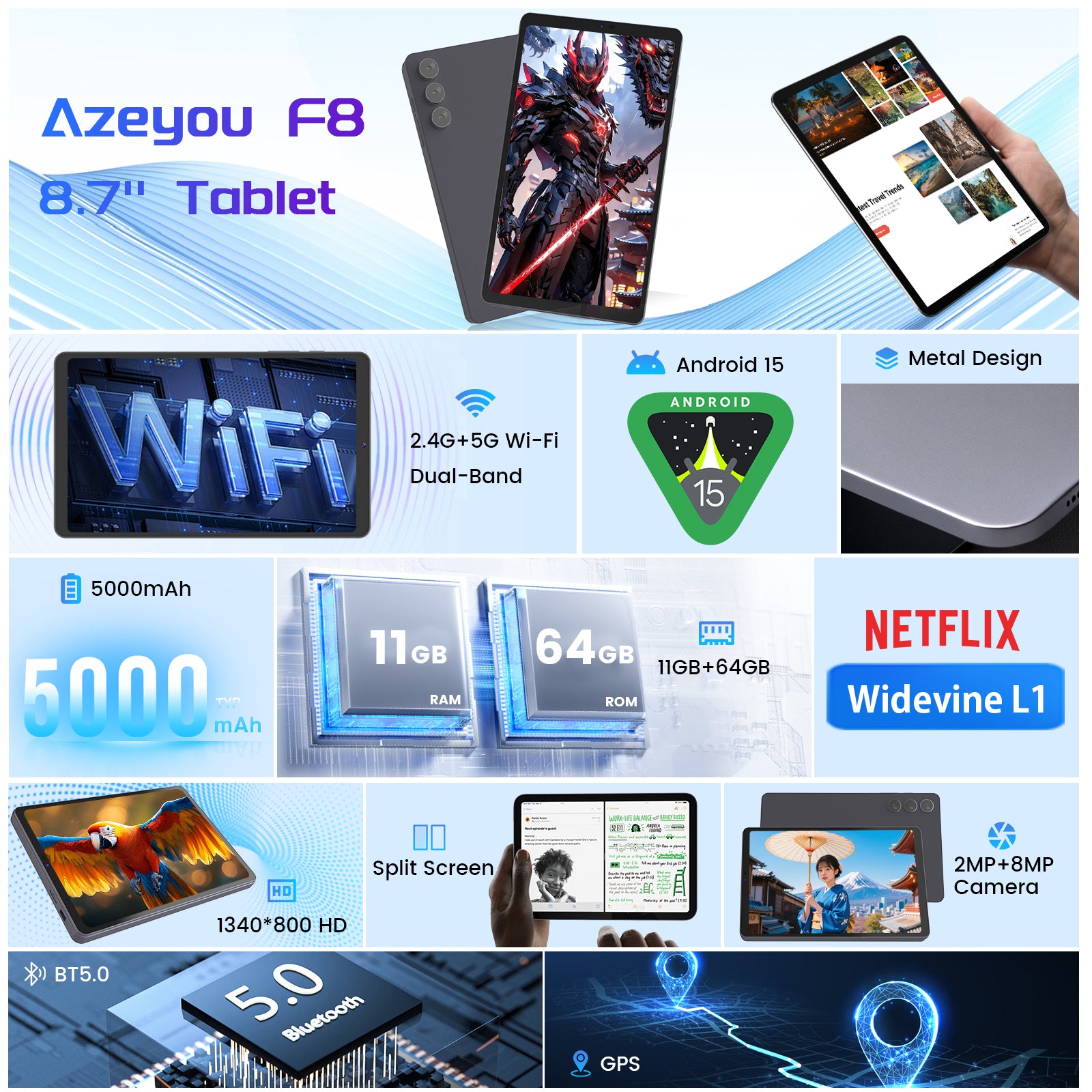 Mini Tablet 8.7 inch, Android Tablet with 5000mAh, Wi-Fi 6 & BT5.0