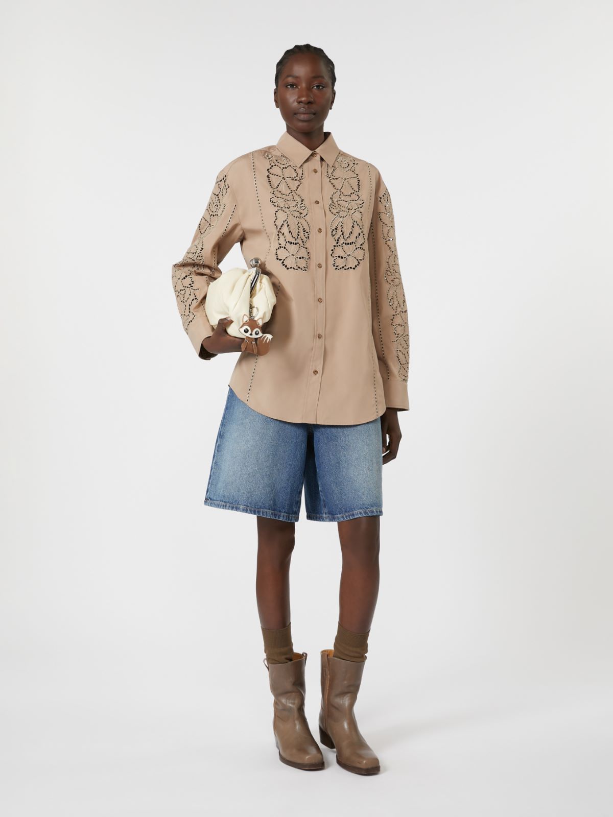 Relaxed-fit embroidered poplin shirt, light brown | Weekend Max Mara