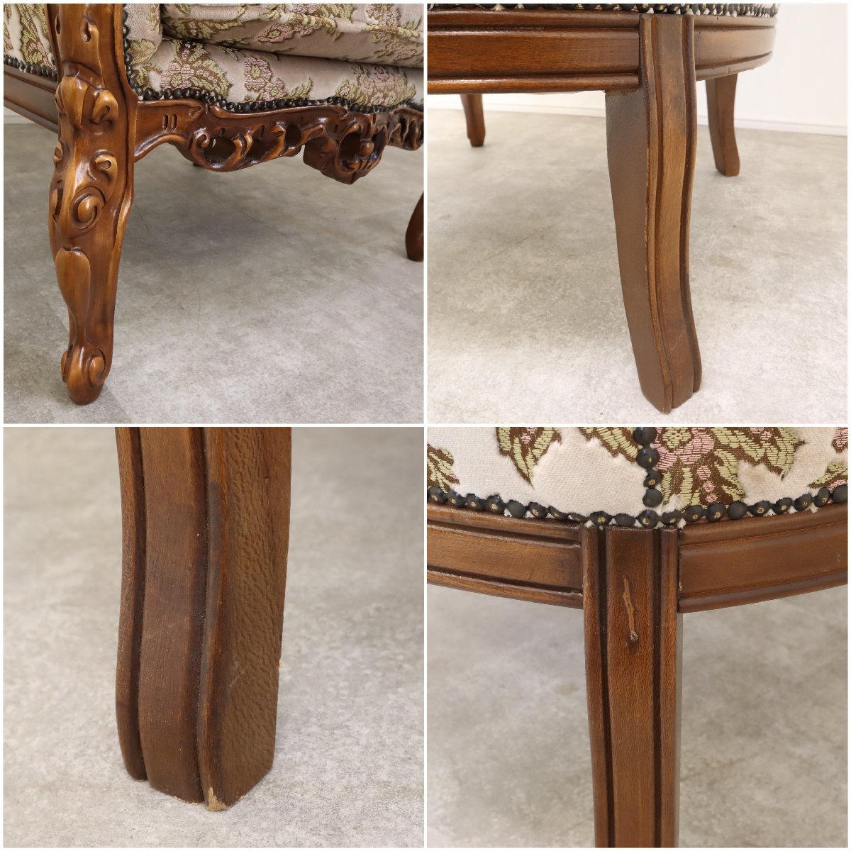 アンティーク調ソファ 1人掛けソファ ロココ調 木彫りフレーム 金華山