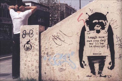 Laugh Now Panel A, 2002 - Banksy Explained