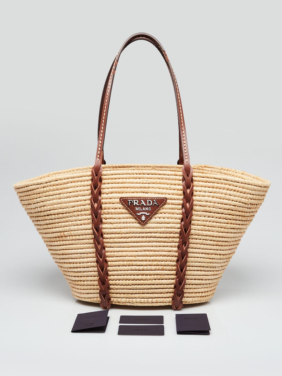 Prada Beige/Brown Raffia/Leather Basket Tote Bag | Yoogi's Closet