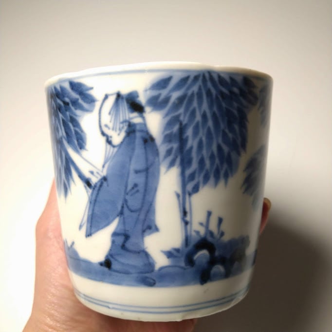 古伊万里 竹林の七賢図 染付 蕎麦猪口 そば猪口 見込みに竹林文 蛇の目