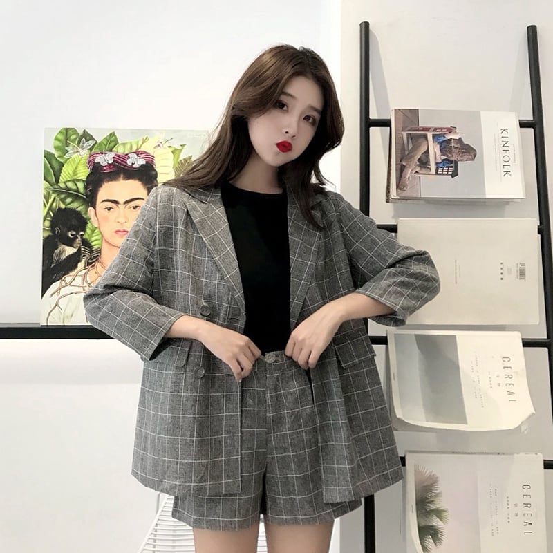 set】セットアップチェック柄ジャケット+ショートパンツおしゃれ