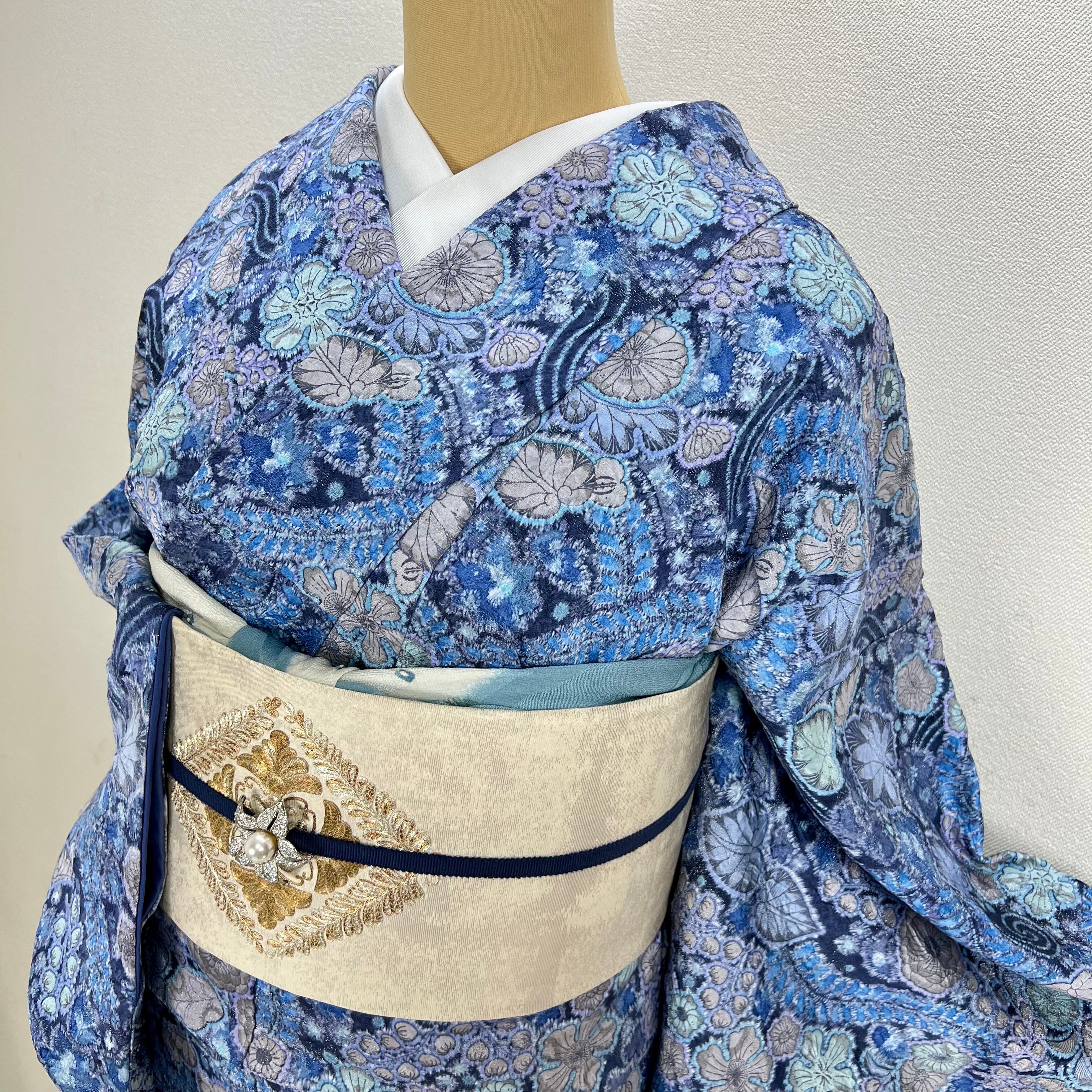 未使用近い 美品 袷 高級化繊 辻が花 小紋 フルセット 洗える着物 袷