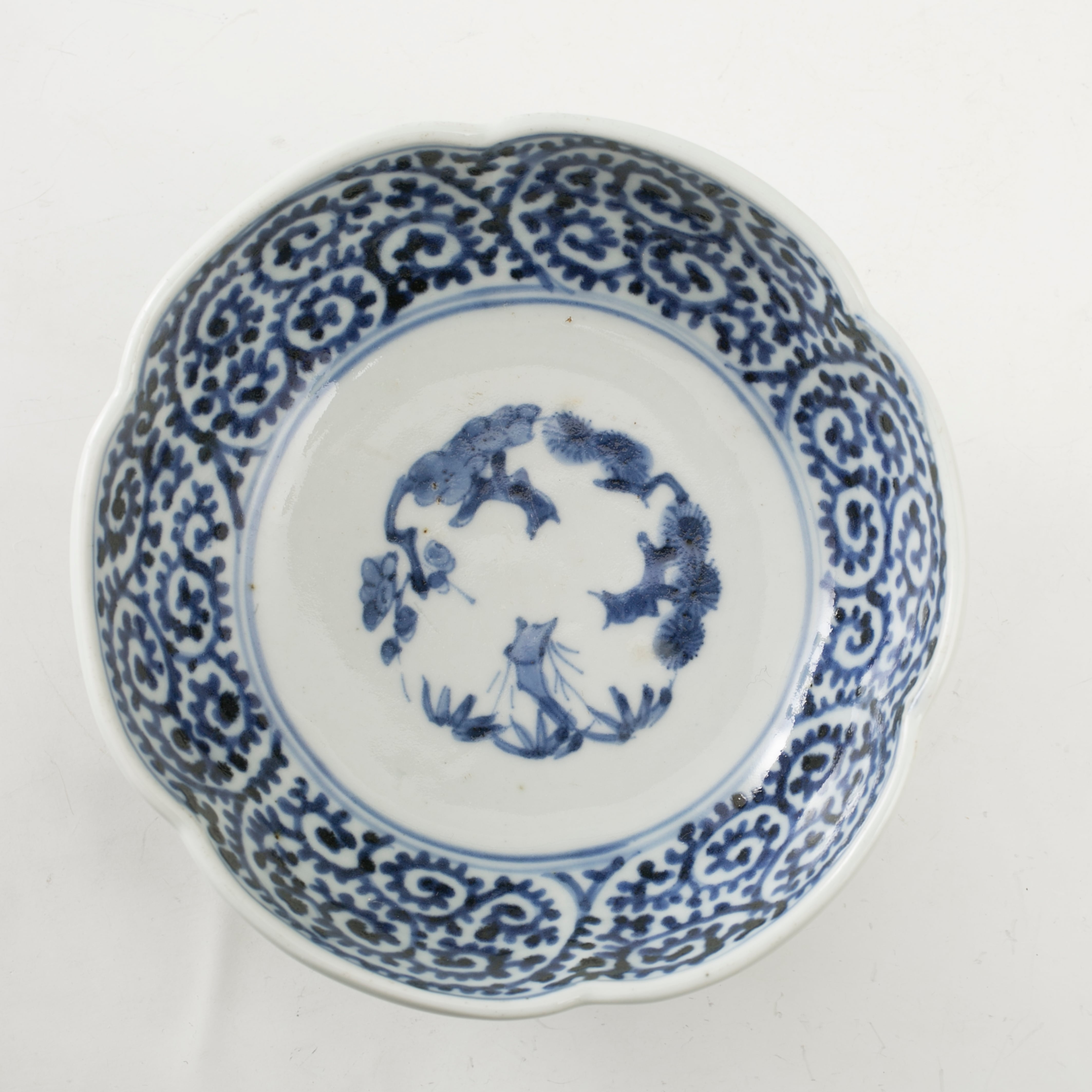 古伊万里 染付 蛸唐草 膾皿 五枚組 なます皿 見込み松竹梅 二重角福 渦