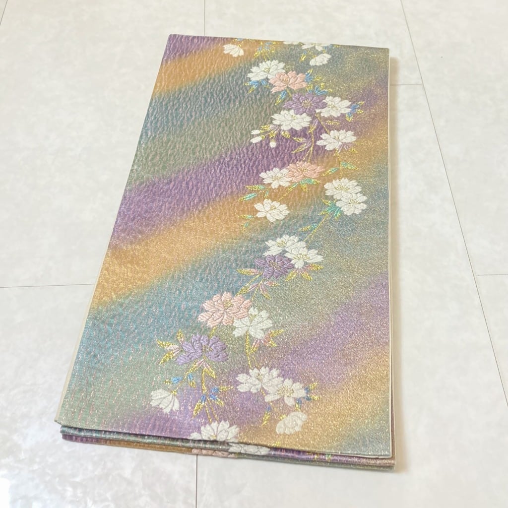 3シーズン】銀通し 唐織 花柄 袋帯 正絹 黄緑 紫 青 マルチカラー 622