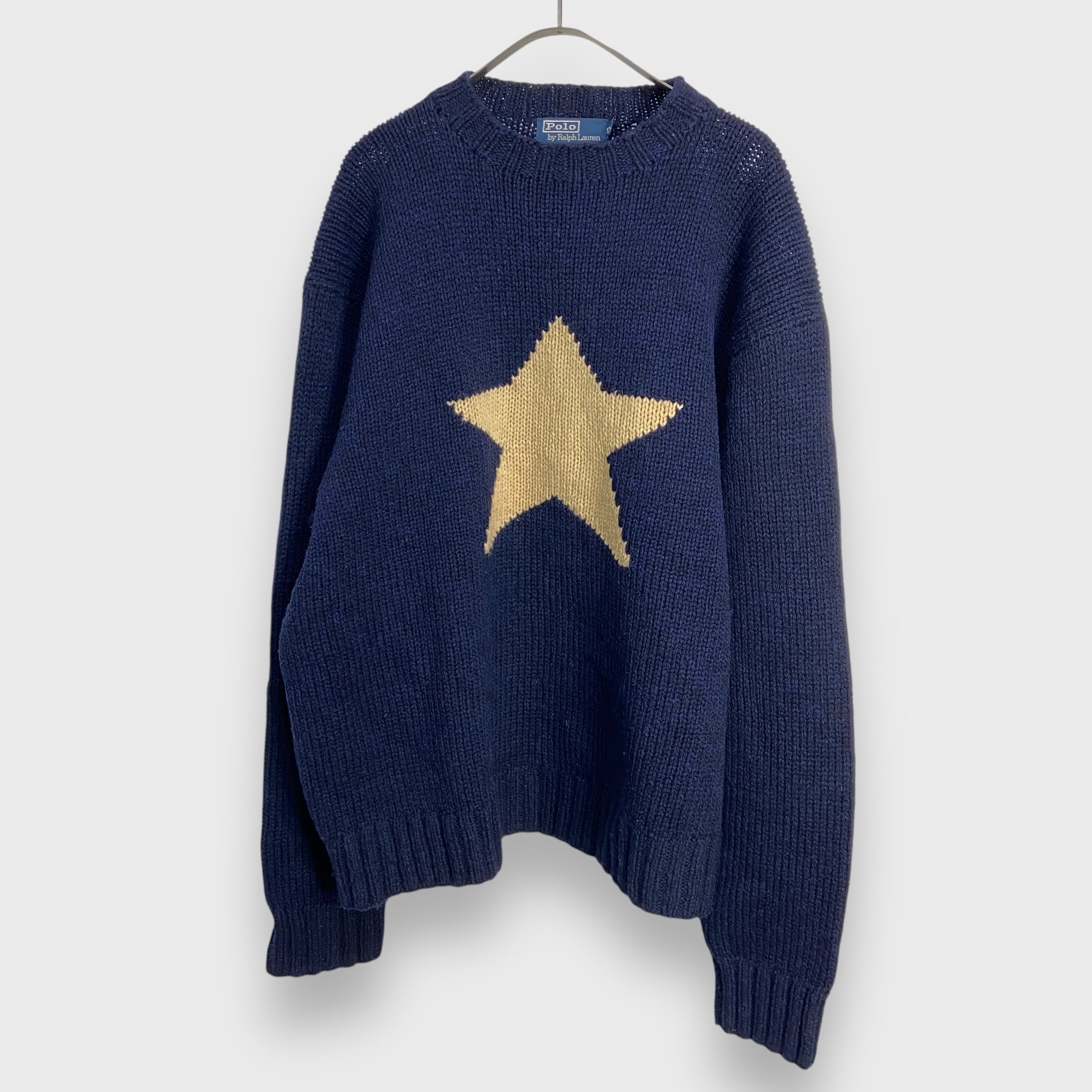 希少 90s ラルフローレン ワンスター ハンドニット セーター 紺 XXL