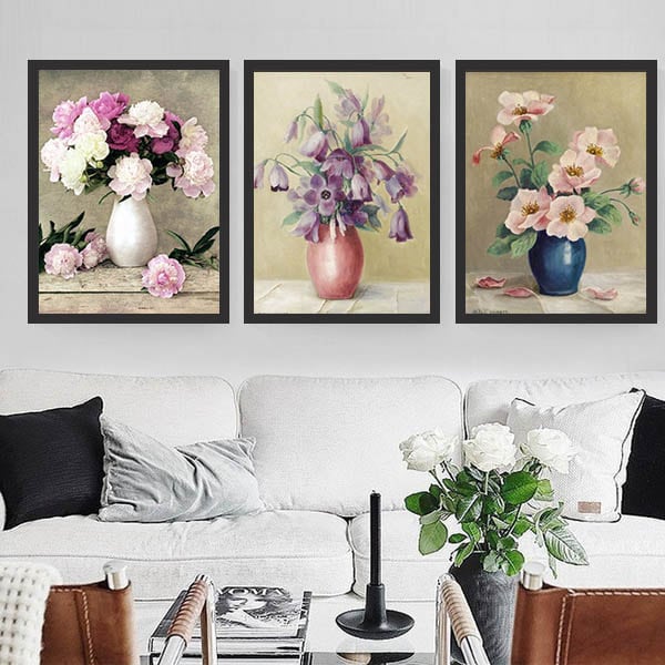 3枚セット 33×43cm アートパネル 枠付きフレーム絵画 花瓶 静物画 中世