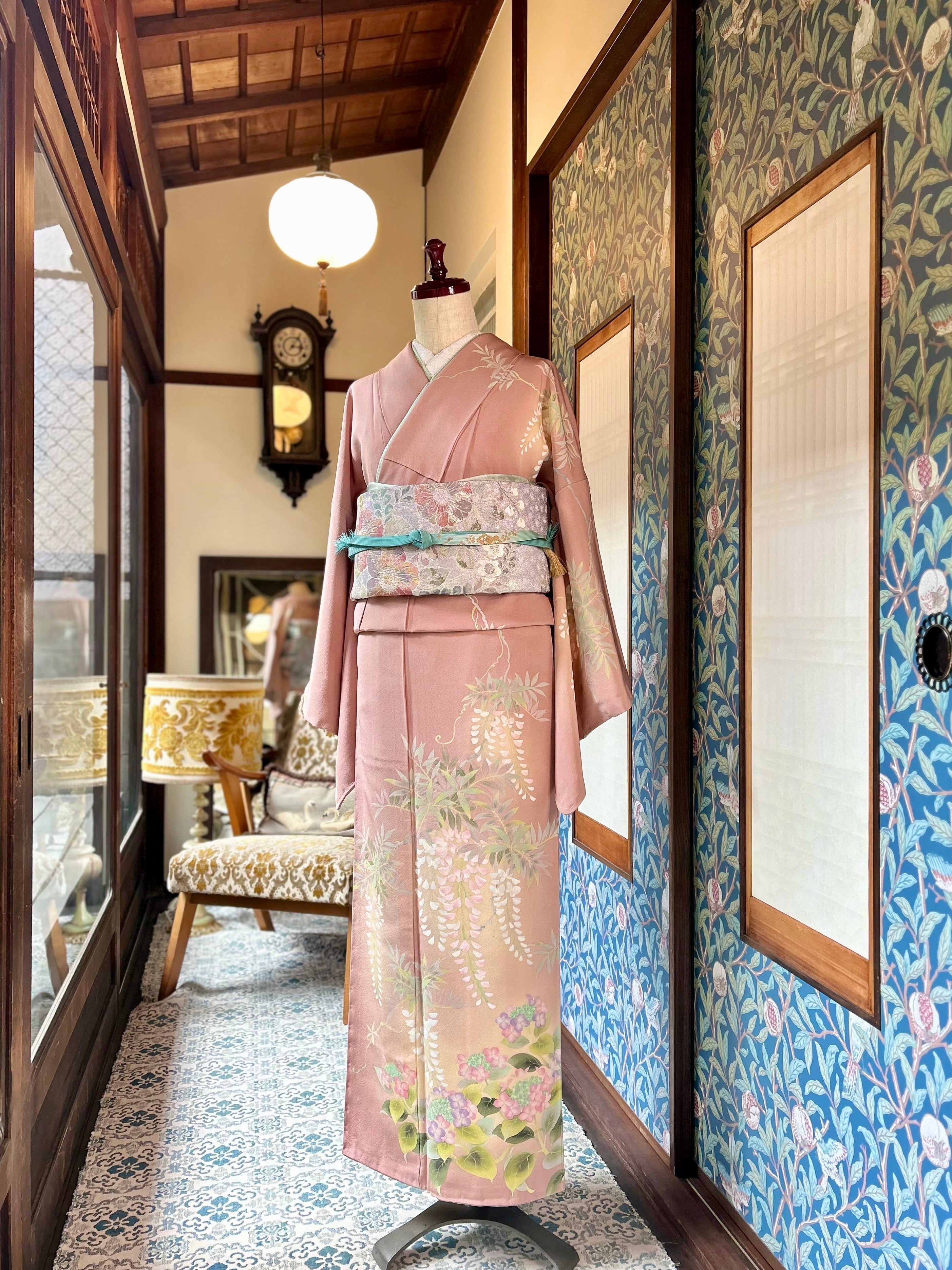 藤と紫陽花＊未使用 くすみピンク 訪問着 礼装 結婚式参列 A655