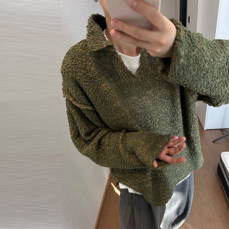 dannyandzeeオリーブカラーVネックニットセーター | mblueshop