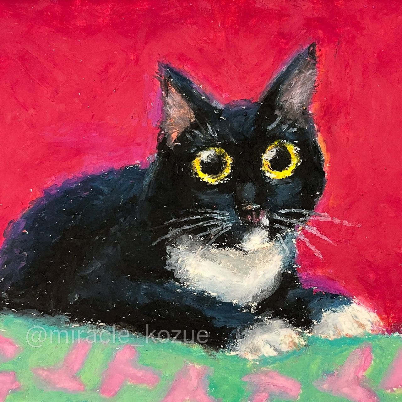 オイルパステル画】『靴下を履いたタキシード猫』 猫の絵 小品 | 絵画