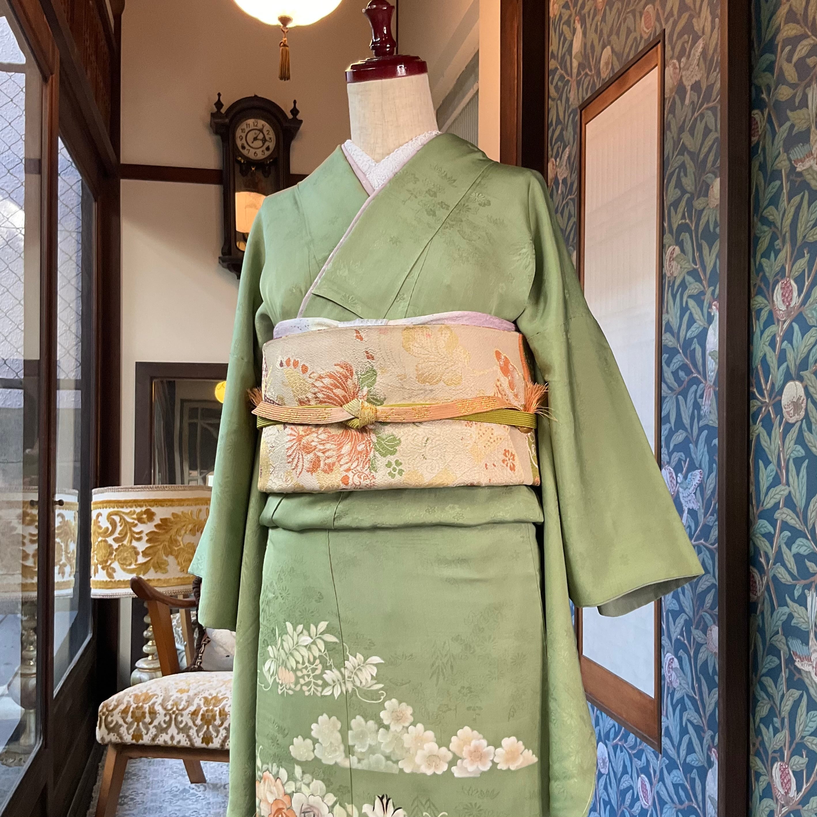 翠の花小道＊くすみグリーン 桜 薔薇 藤 菫 蕨 アンティーク付下げ着物