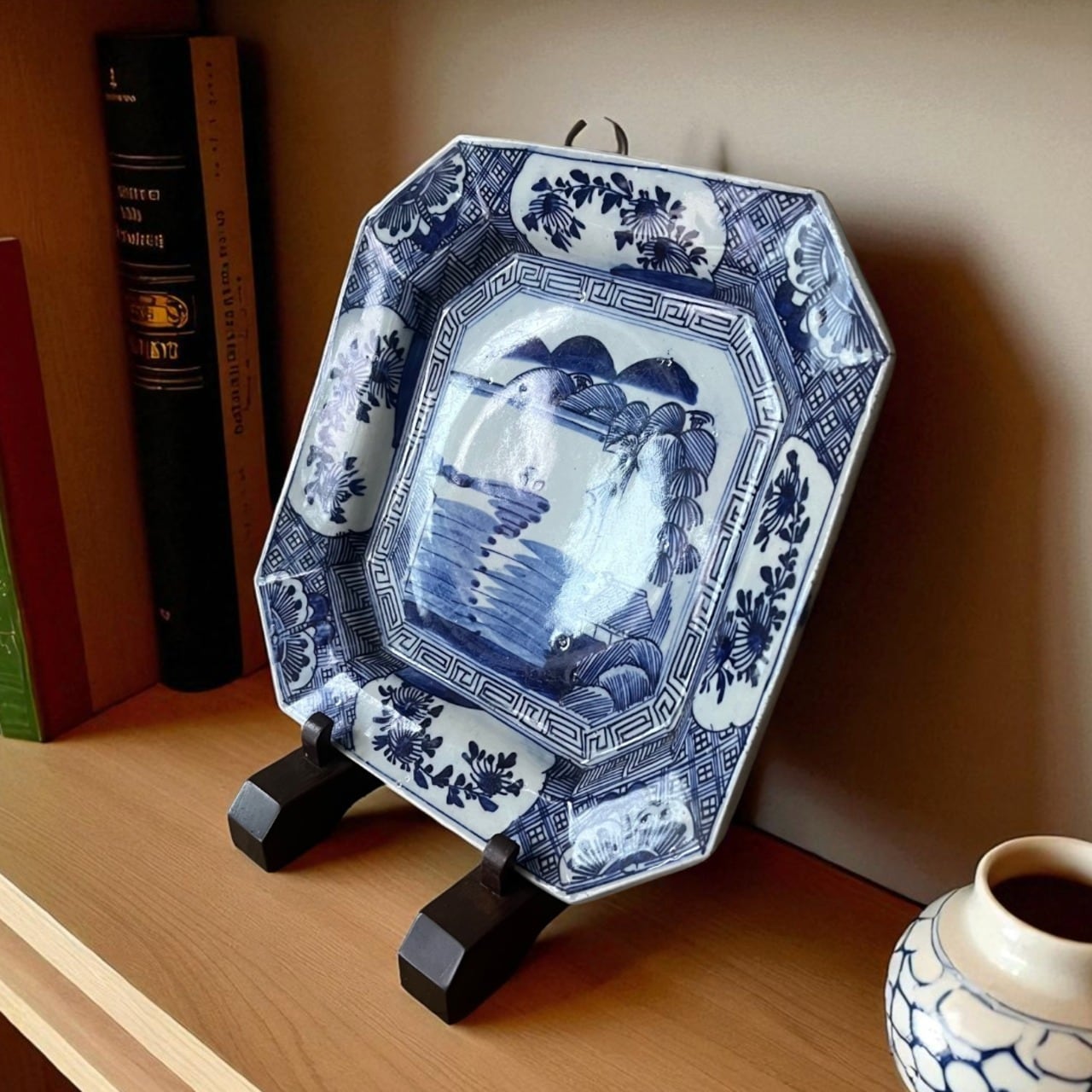 伊万里 染付 山水文 大角皿（江戸幕末期）｜30cm×30cm 高さ5cm | 古