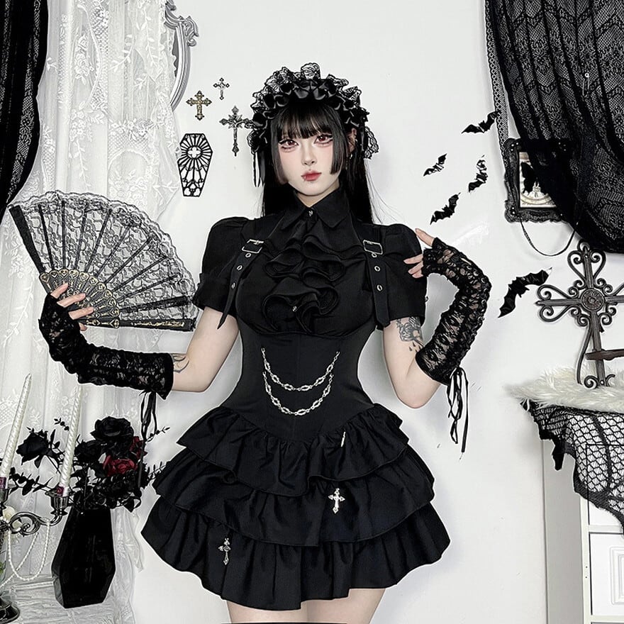 地雷系セットアップ ゴスロリ 地雷 セットアップ 黒コーデ 闇かわいい