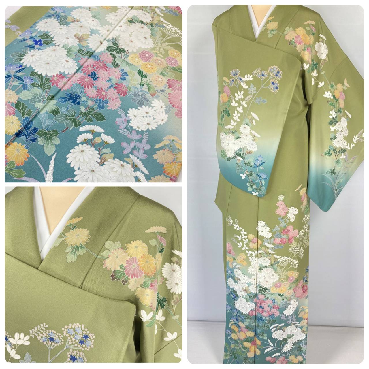 美品 型染め友禅 菊 訪問着 花柄 正絹 抹茶 黄緑 白 808 | kimono Re
