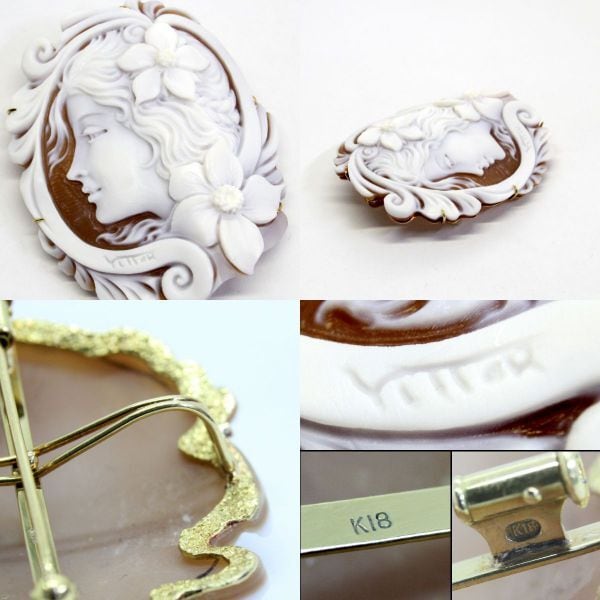 18金枠 シェルカメオ ブローチ兼ペンダント【中古】 | andoshoji