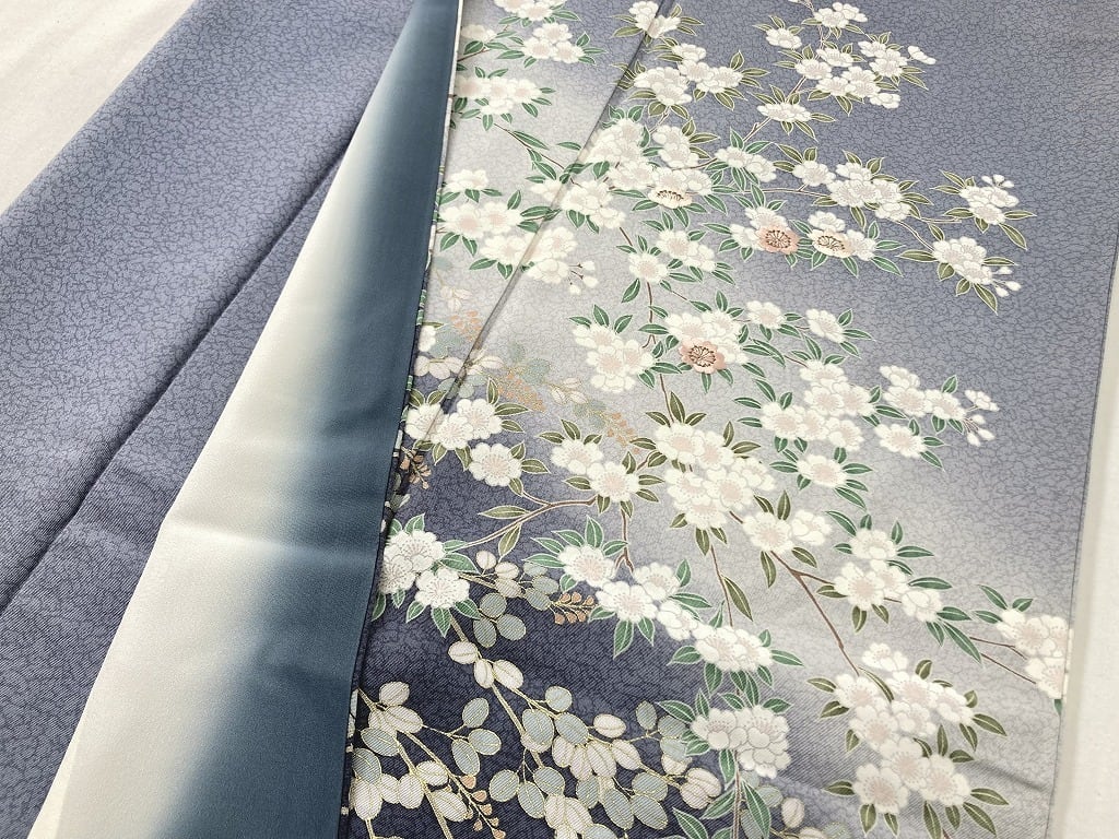 未使用 京友禅 刺繍 桜 金彩 訪問着 正絹 青 ブルー グレー 白 1131