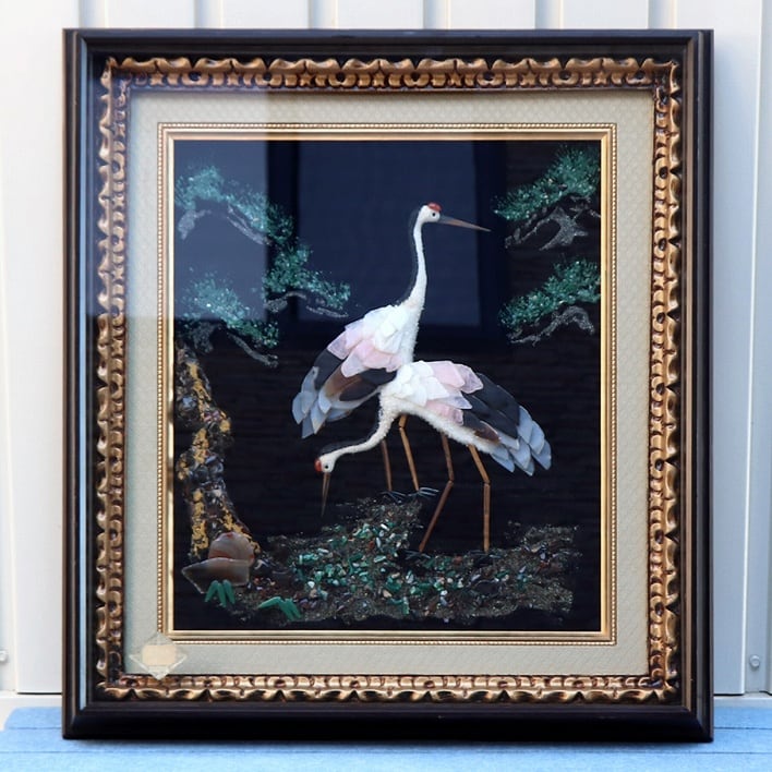 宝石画・山梨美術工芸品・天然石保証・夫婦鶴・松・No.200708-075