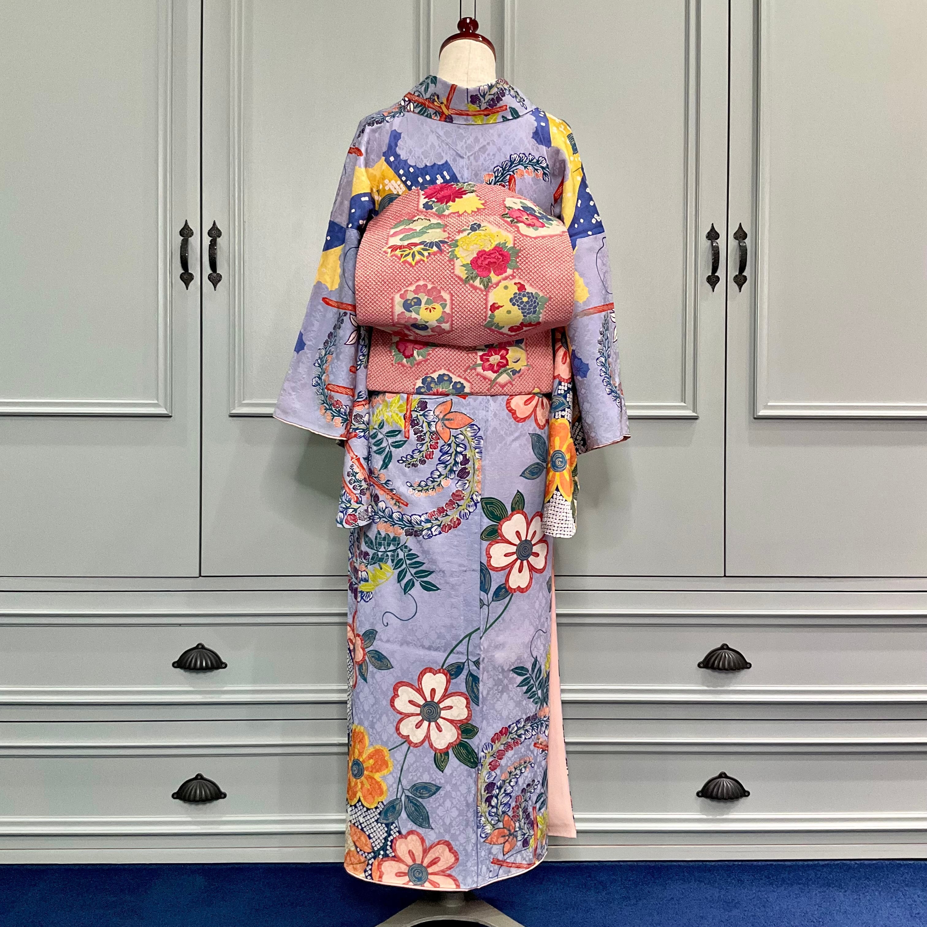 霞空に藤と桜＊水色 ブルー 春 花 アンティーク小紋着物 B056 | kimono