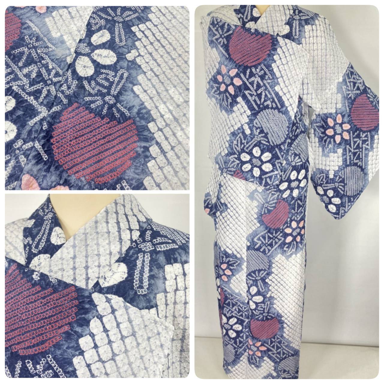 有松絞り【浴衣】団扇 花 夏着物 綿 有松鳴海絞り グレー 藍 白 赤