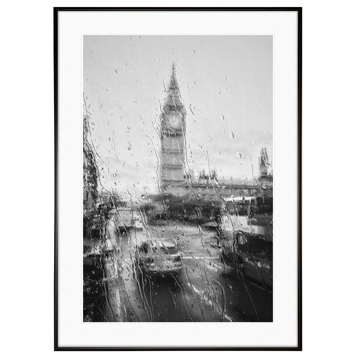 イギリス写真 ロンドン 雨の窓からのビッグベンインテリア モノクロ