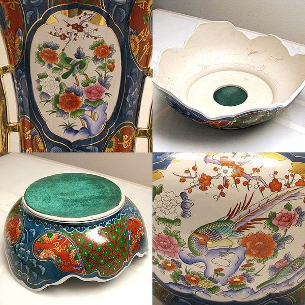 古許窯菊水作・染錦花鳥図・耳付二段飾壺・No.140514-02・梱包サイズ