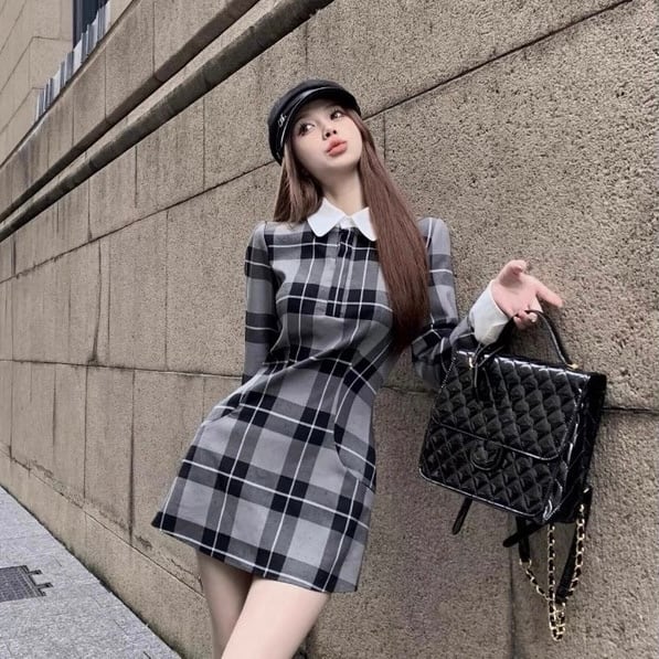 dress】襟付きチェック柄長袖ミニワンピース SJ1006 | BeautyYouStyle
