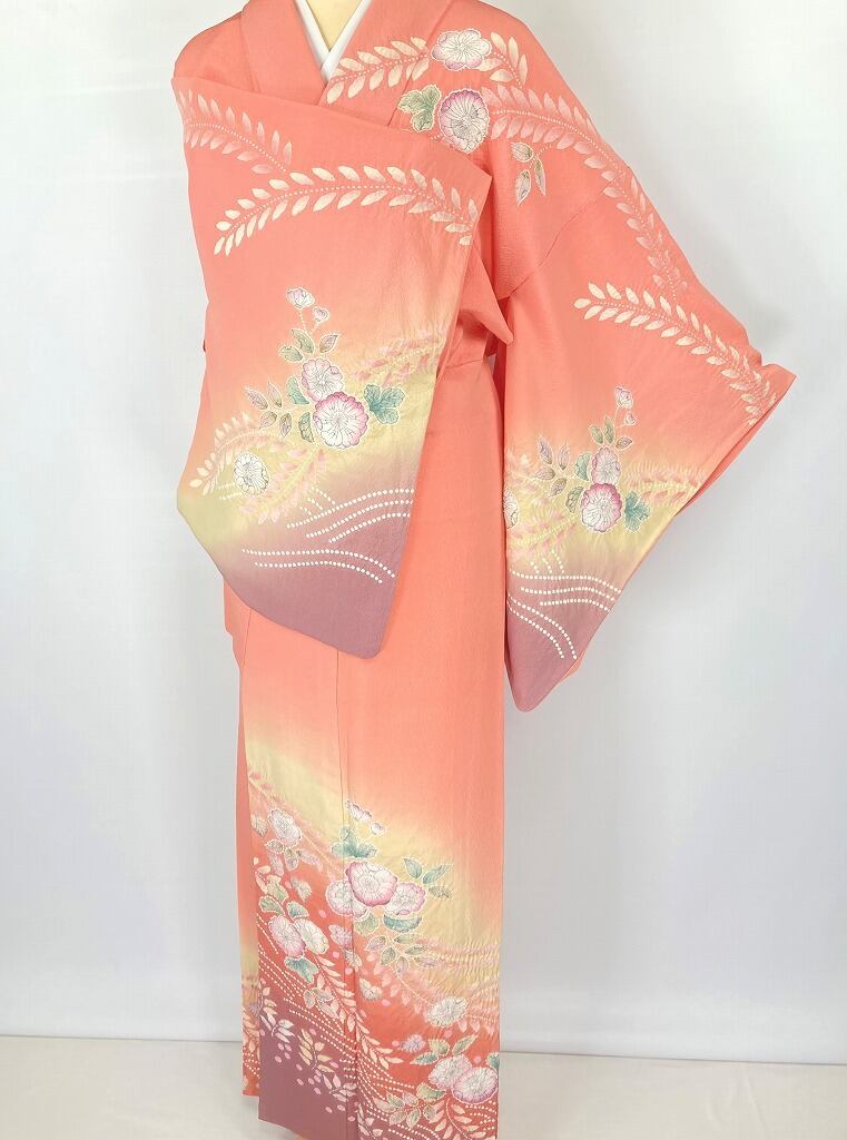 辻が花 絞り 作家物 訪問着 辻ヶ花 正絹 オレンジ コーラルピンク 白