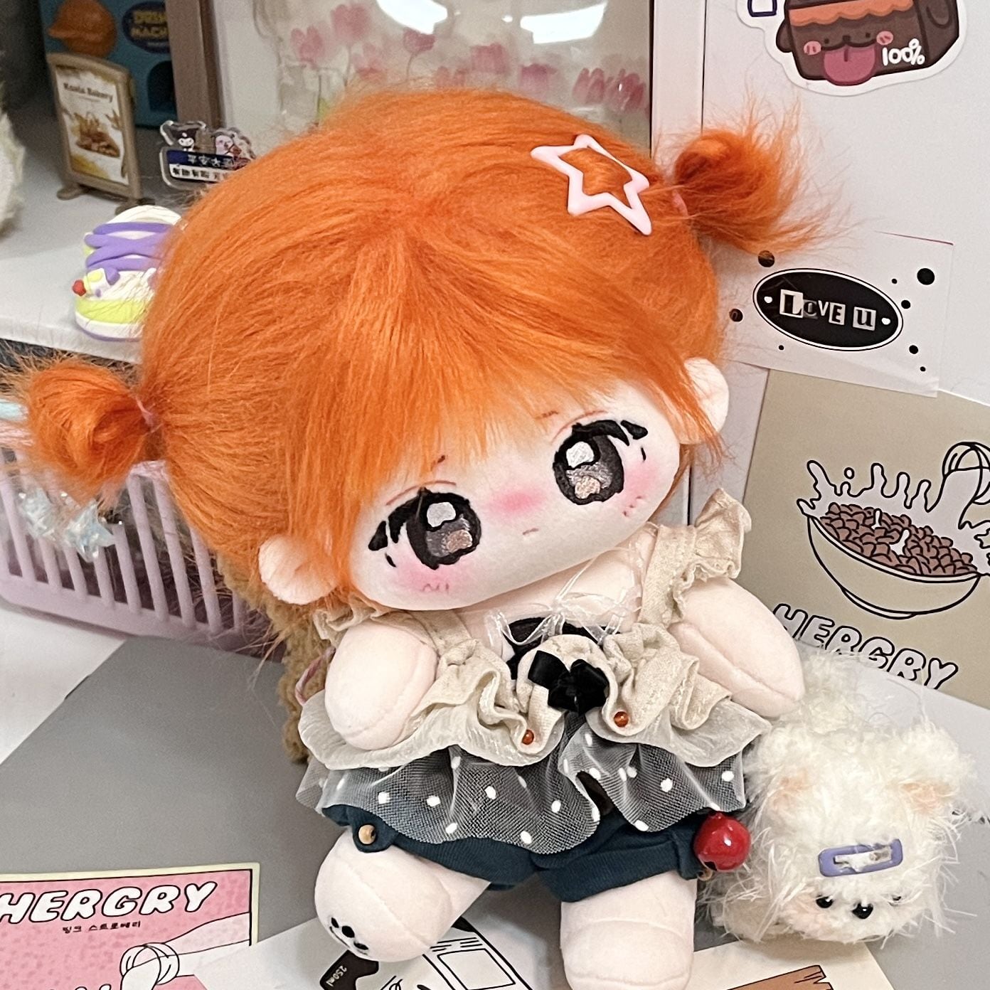 20cm 着せ替えぬいぐるみ 無属性 オレンジの髪黒目女の子 着せ替え人形