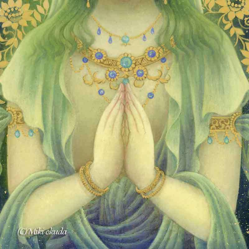 観音菩薩・緑の合掌観音】SSサイズ│観音様イラスト│仏画│開運画