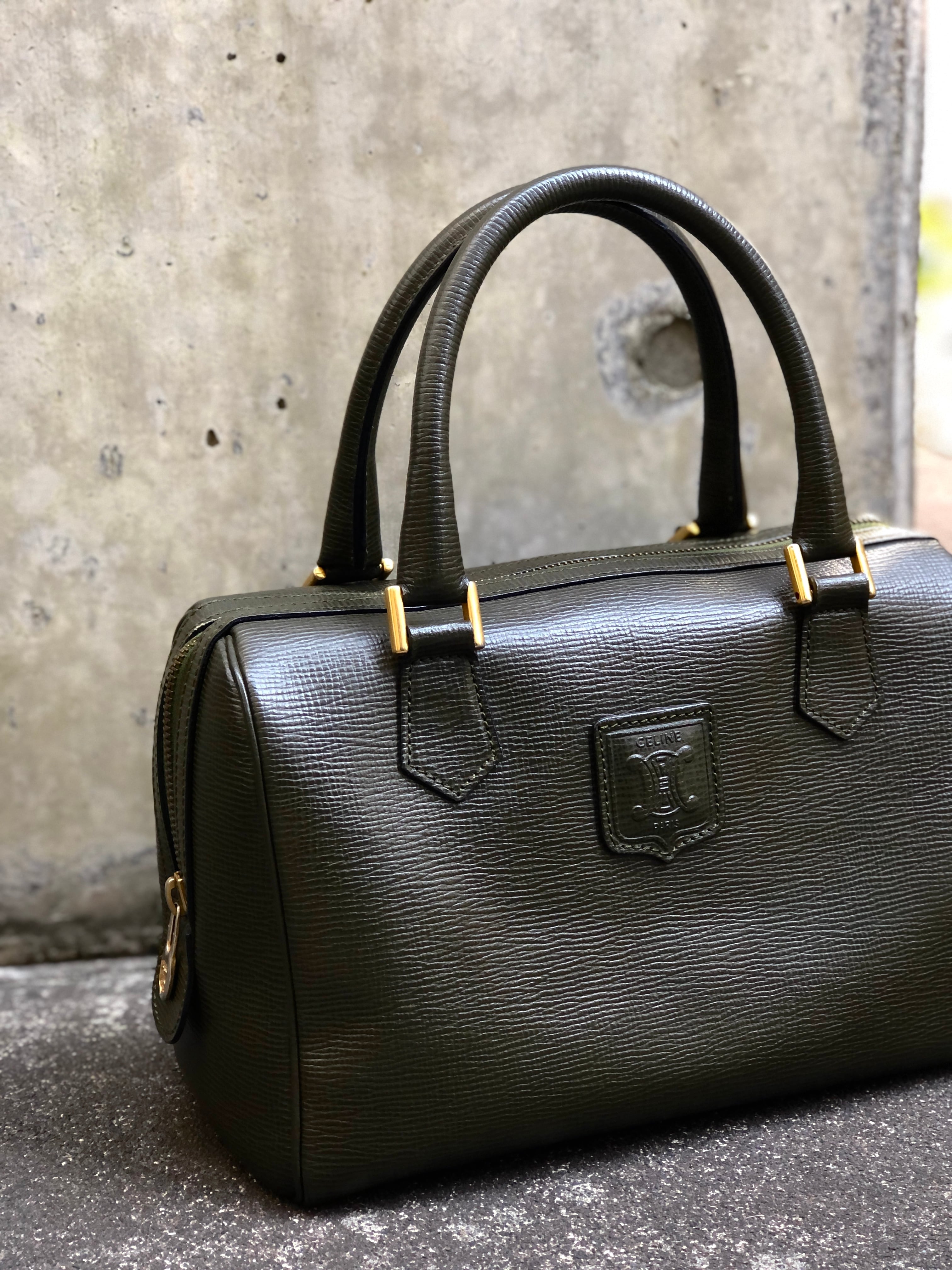 CELINE セリーヌ ブラゾン型押し ミニボストン ハンドバッグ カーキ