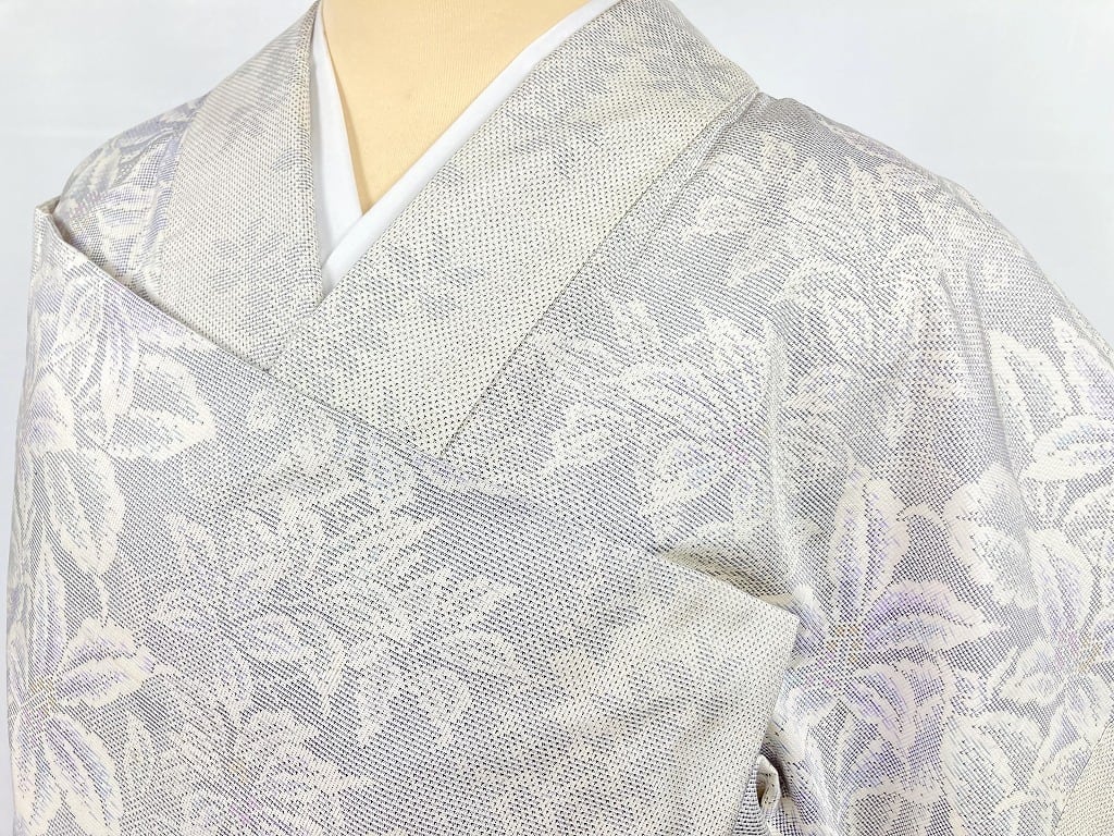 白大島 トールサイズ 本場大島紬 証紙付き 正絹 花柄 小紋 白 紫 オフ