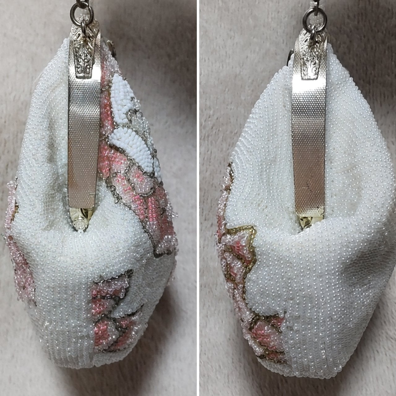 ビーズバッグ ハンドバッグ 和装 総ビーズ 白 ピンク 花柄 がま口 | Pay ID