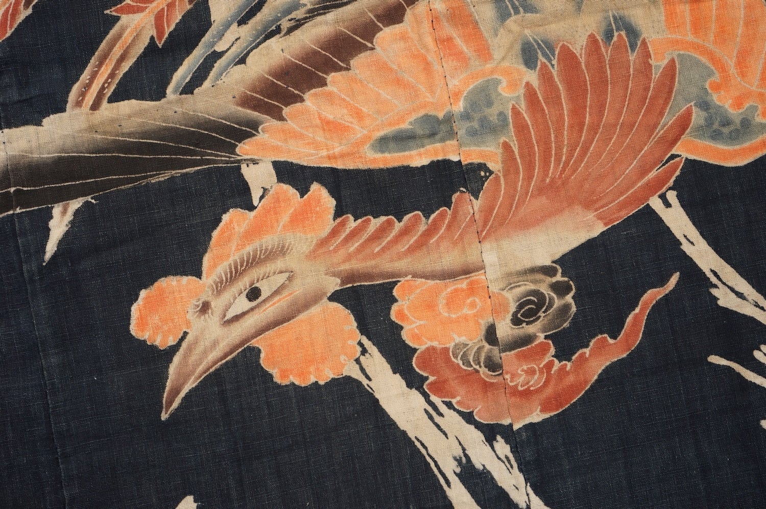 1871 筒描き 4幅 鳳凰 藍染 木綿 古布 明治〜大正 アンティーク