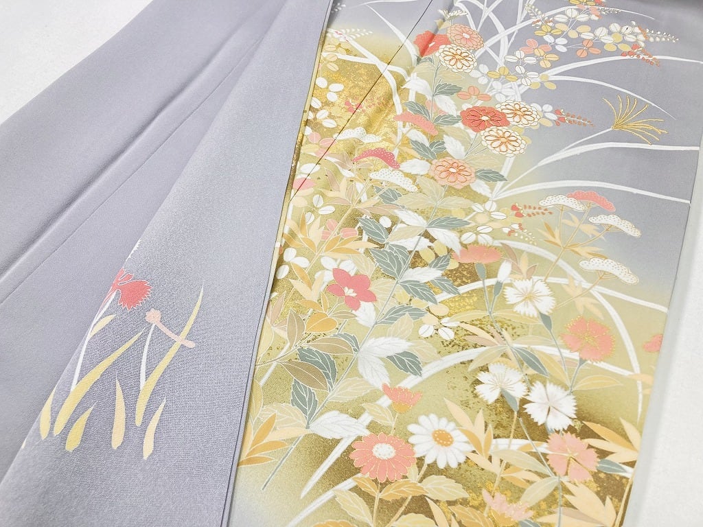未使用 京友禅 金駒刺繍 本金箔 花柄 訪問着 袷 正絹 グレー 紫 1173