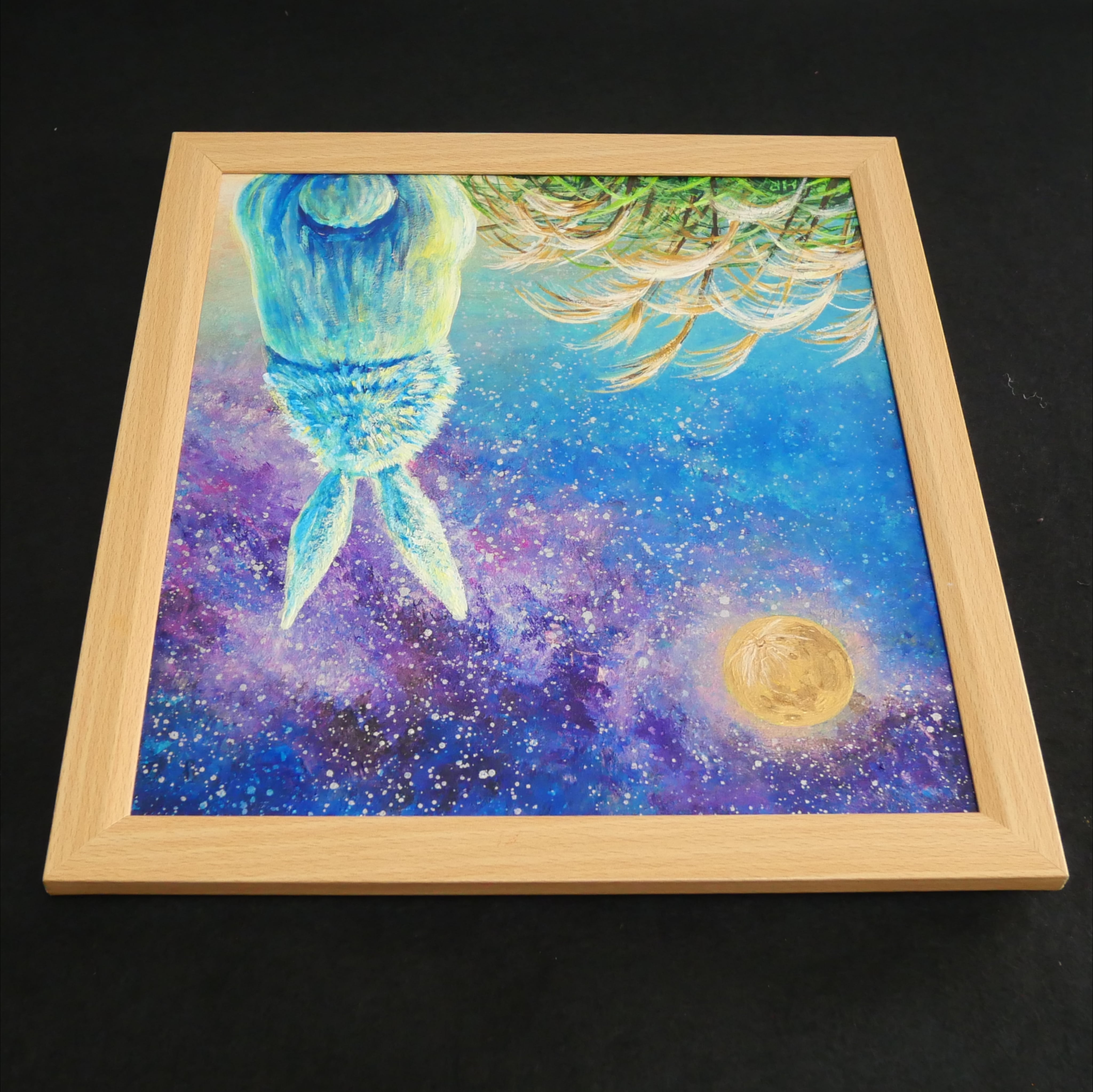 油絵 油彩 油彩画 絵 絵画【お月見に満月の星空を見上げるウサギ