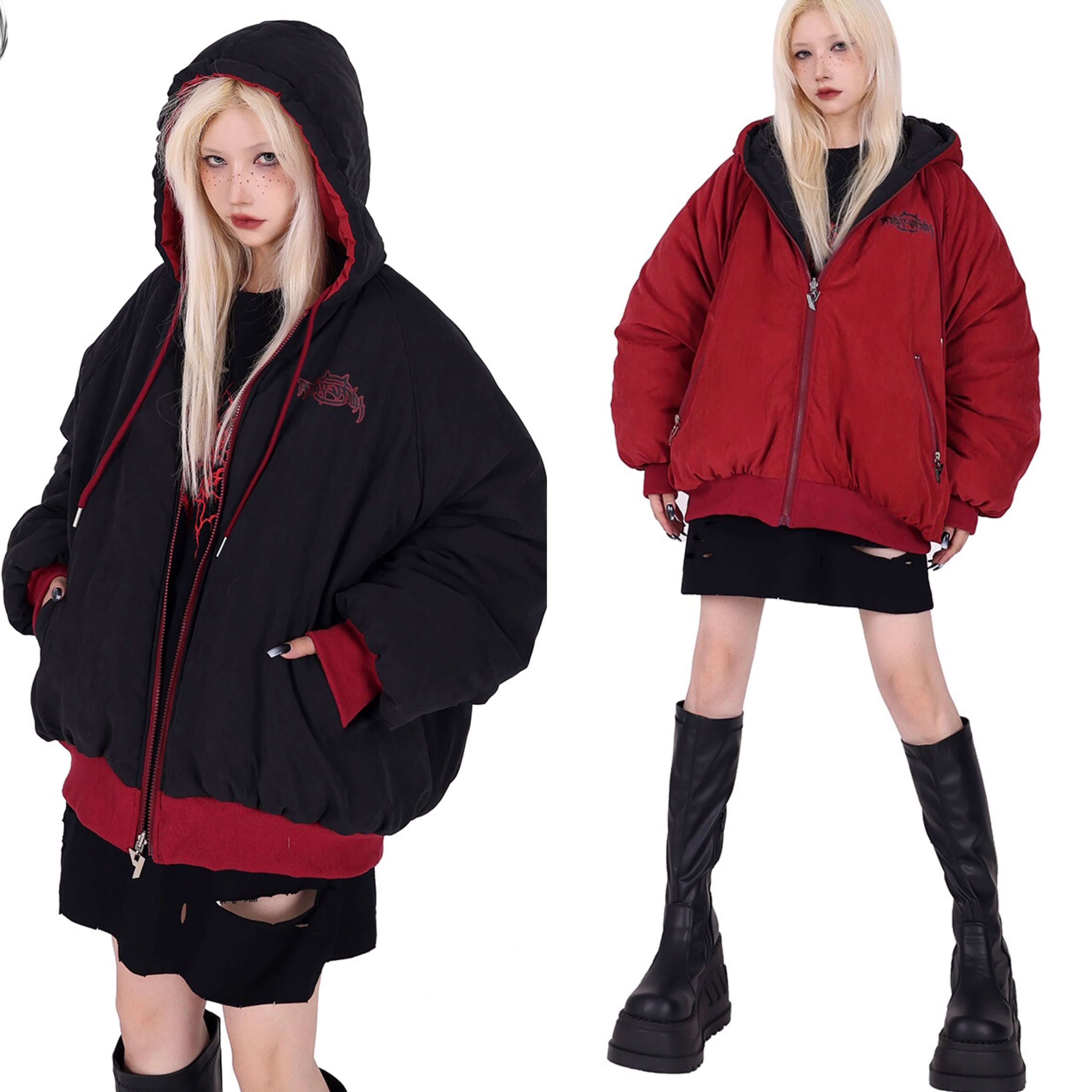 リバーシブル】ジャケット ブルゾン バイカラー 赤 黒 カーディガン