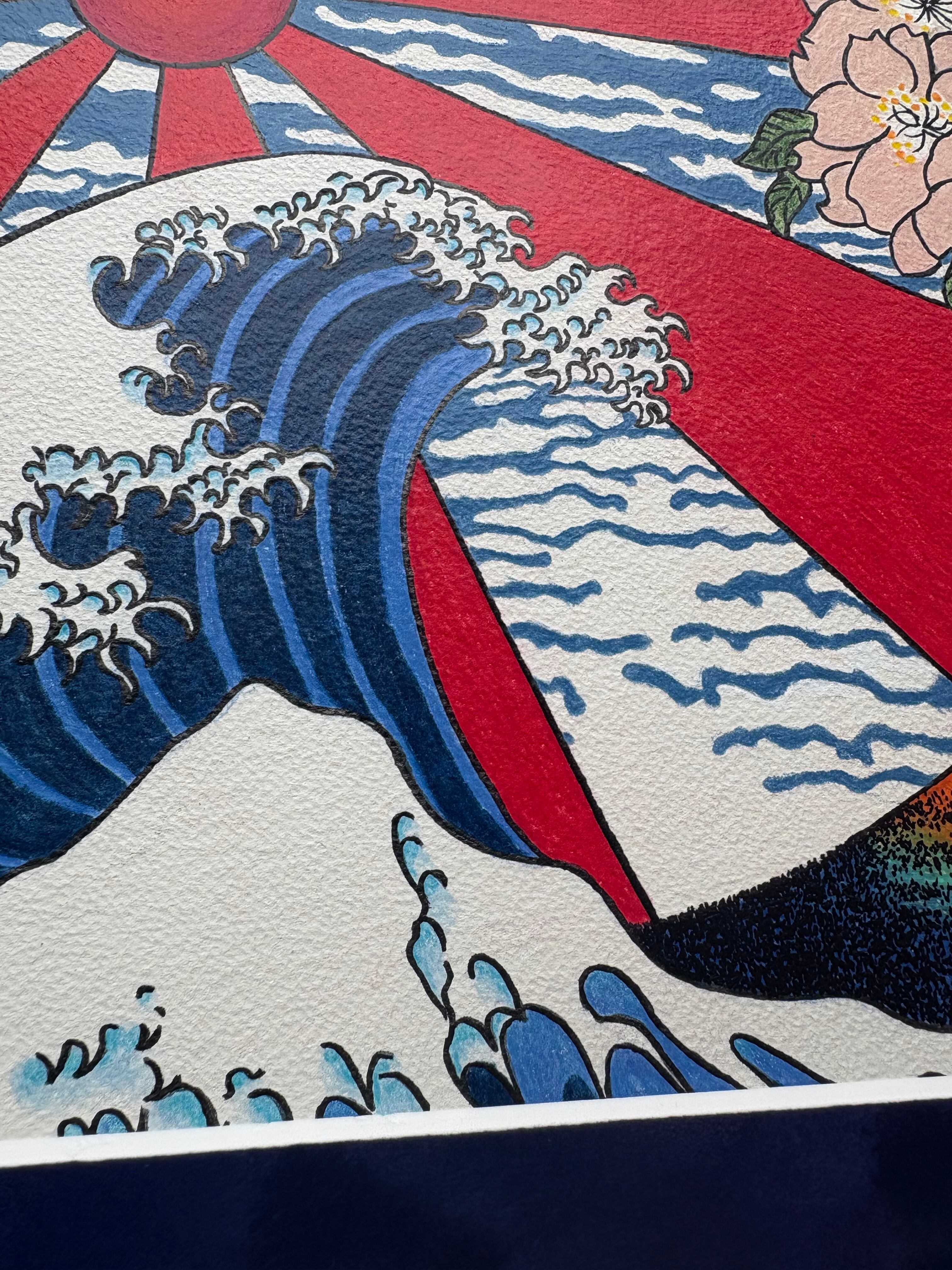 日本の夜明け】 色鉛筆画 和風イラスト 和柄 富士山 太陽 浮世絵 桜