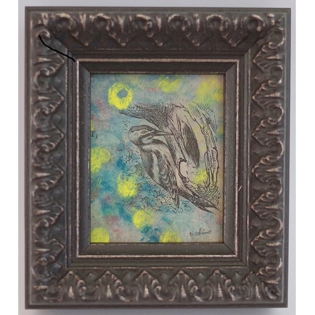 鳥」 古い紙にアクリル * 現代アート 絵画 ドローイング ミニ額