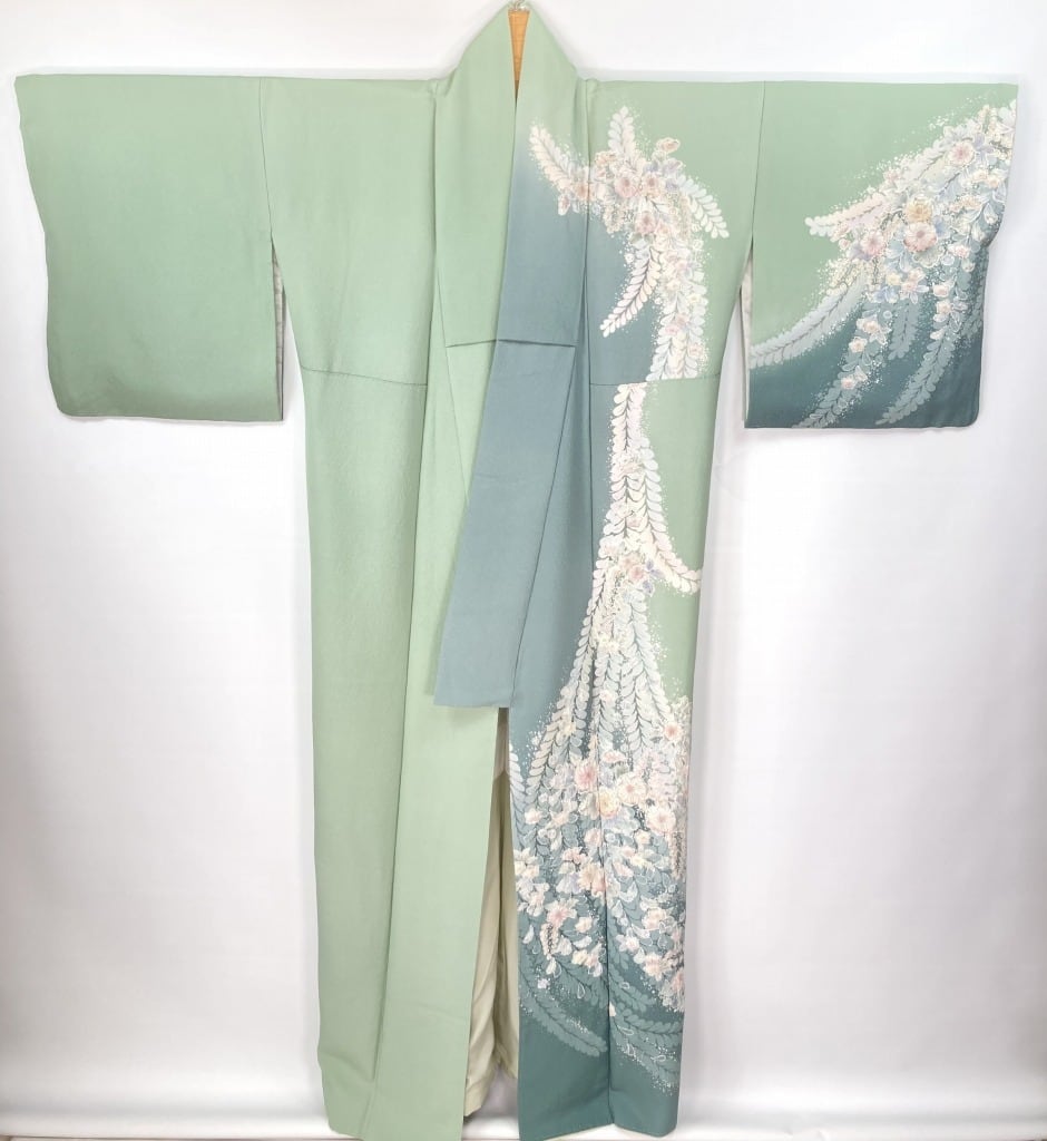 辻が花 絞り 染め分け 訪問着 袷 正絹 黄緑 青緑 パステルカラー 1280