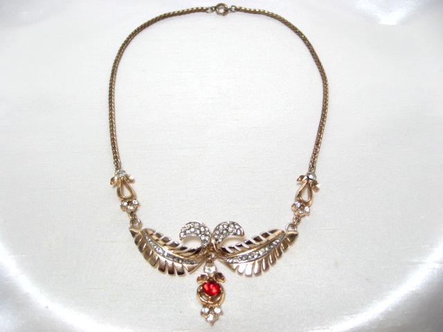 レッド＆クリアラインストーンアールデコネックレス(ヴィンテージ